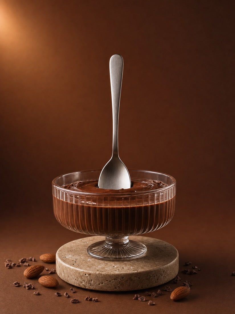 A silver spoon standing upright in a dish of chocolate fudge pudding
