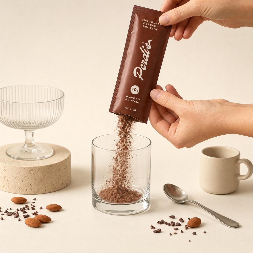Tearing a Perdi's packet, powder pouring into a glass